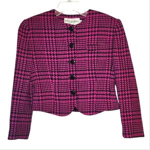 Vintage JH Collectibles Wool Pink Black Houndstooth Plaid Blazer Jacket Sz 2P